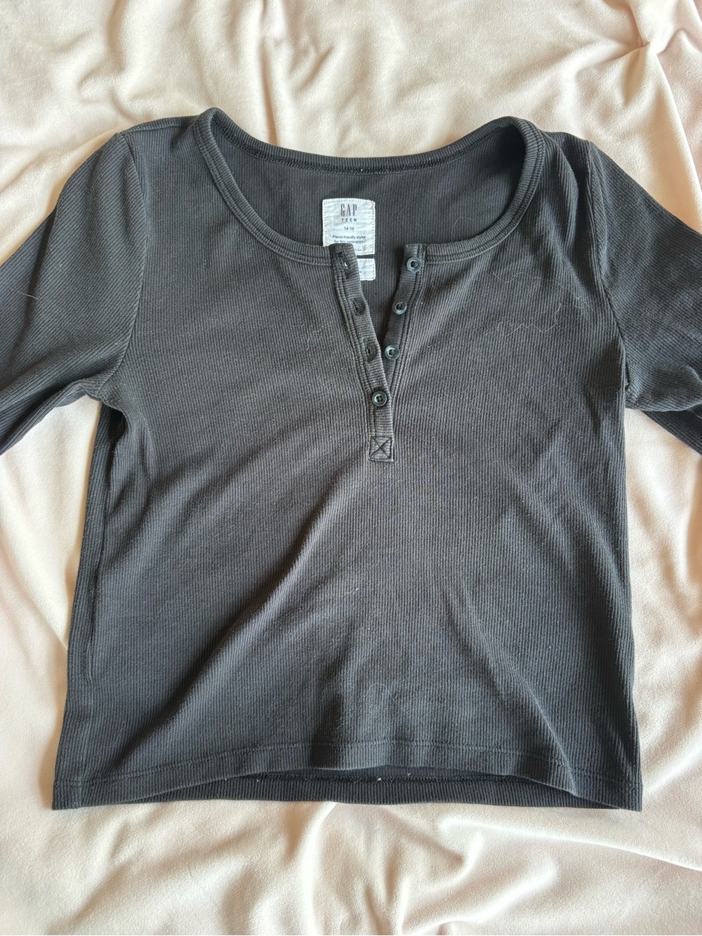 GAP Black Ribbed Henley Top with Button Placket